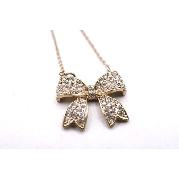 Rhinestone Sparkling Bow Pendant Necklace Gold Tone Vintage Delicate 18" - Picture 12 of 12